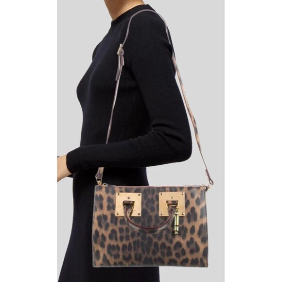 Designer Sophia Hulme Leopard Print Multi Color Leather Med Size Tote Bag - Picture 6 of 15